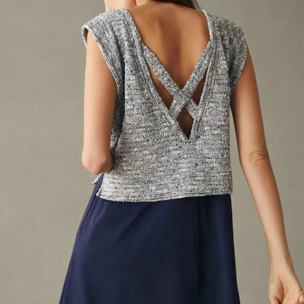 Anthropologie Daily Practice Twofer Dress S Gray Knit Navy Layered Mini NWT - Picture 3 of 12